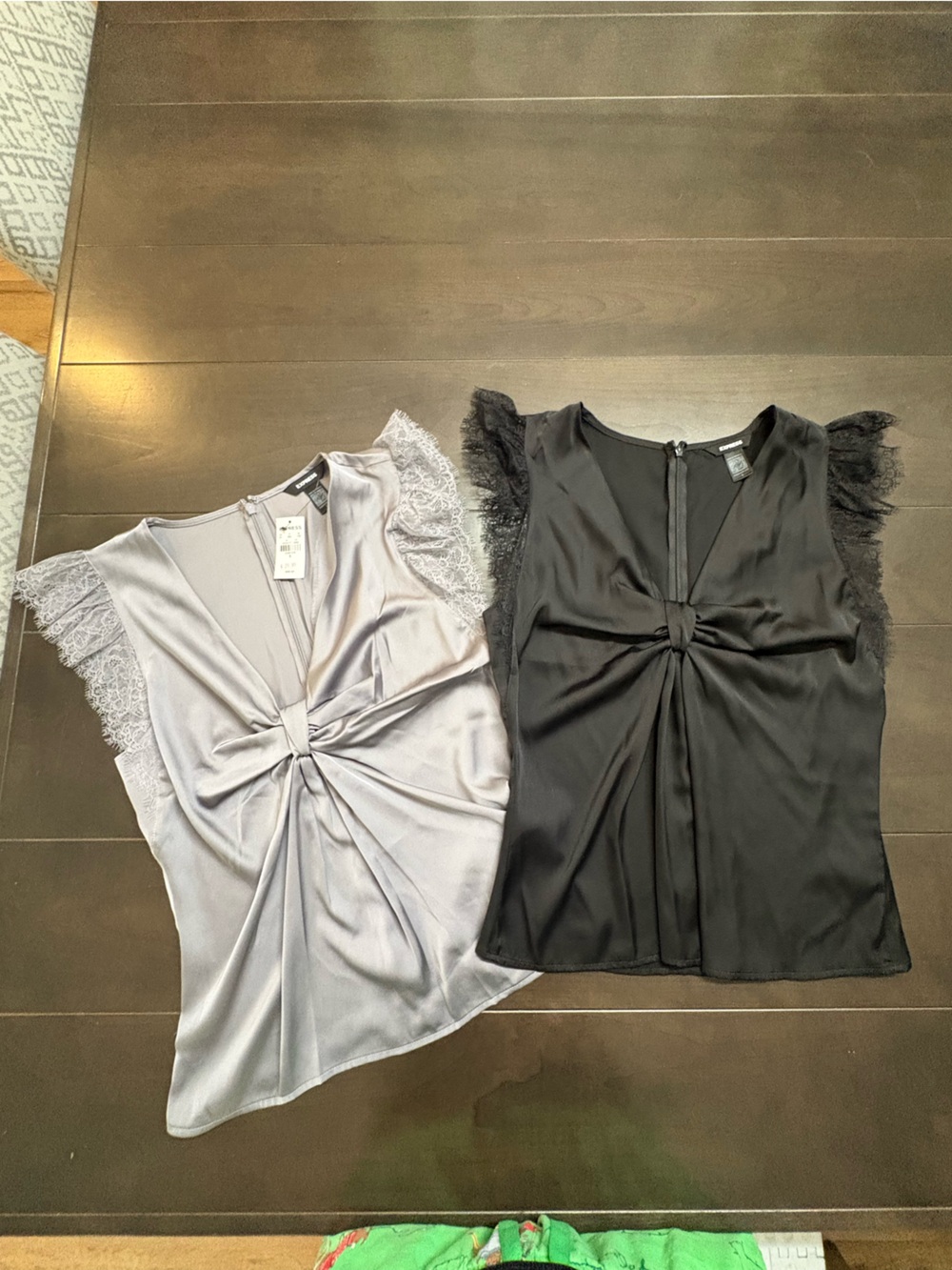 Express Satin Knot Front Camisole with Lace Cap Sleeves - Black & Silver